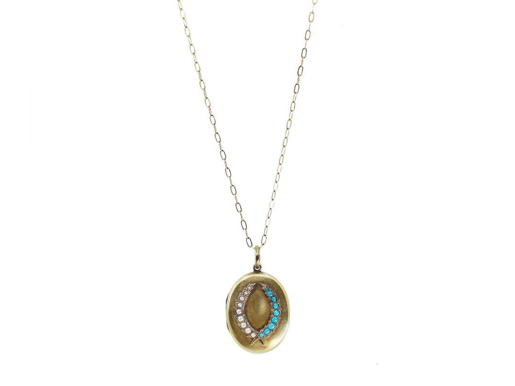Victorian Turquoise and Seed Pearl Locket Necklace