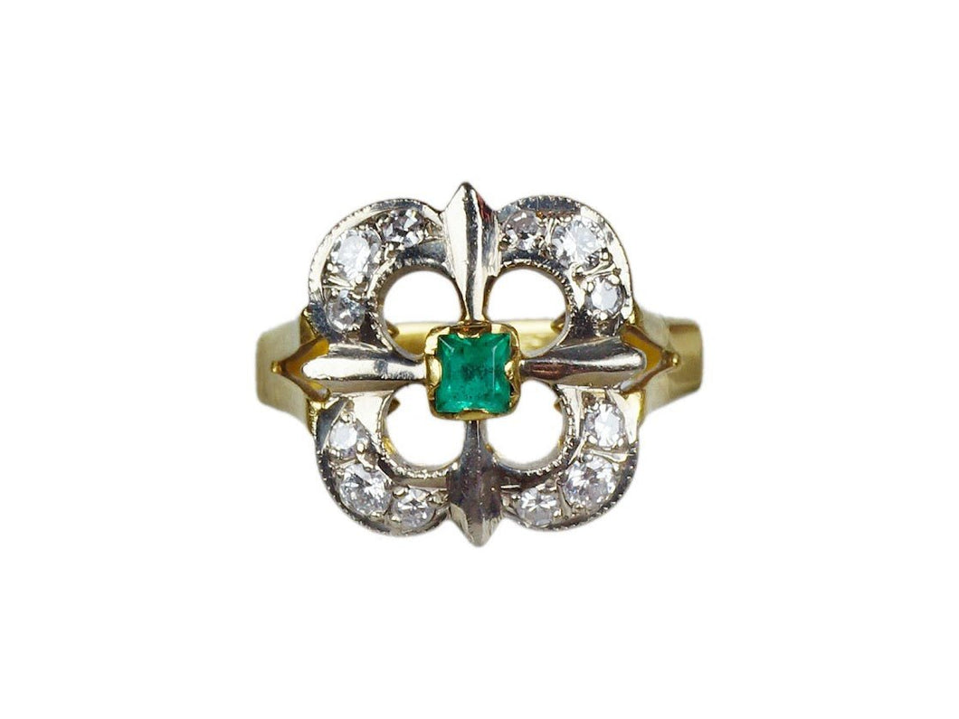 Art Deco 18k Emerald and Diamond Clover Ring