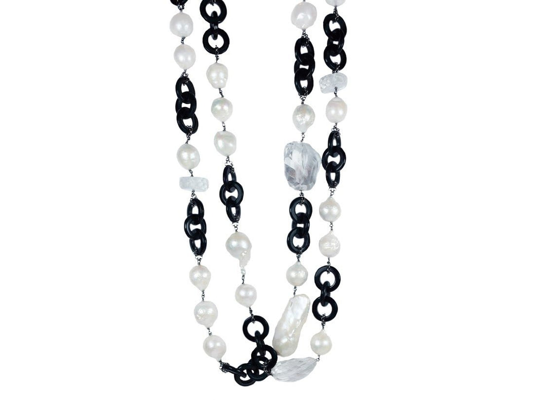 SS Black Horn, Pearl, and Crystal Necklace