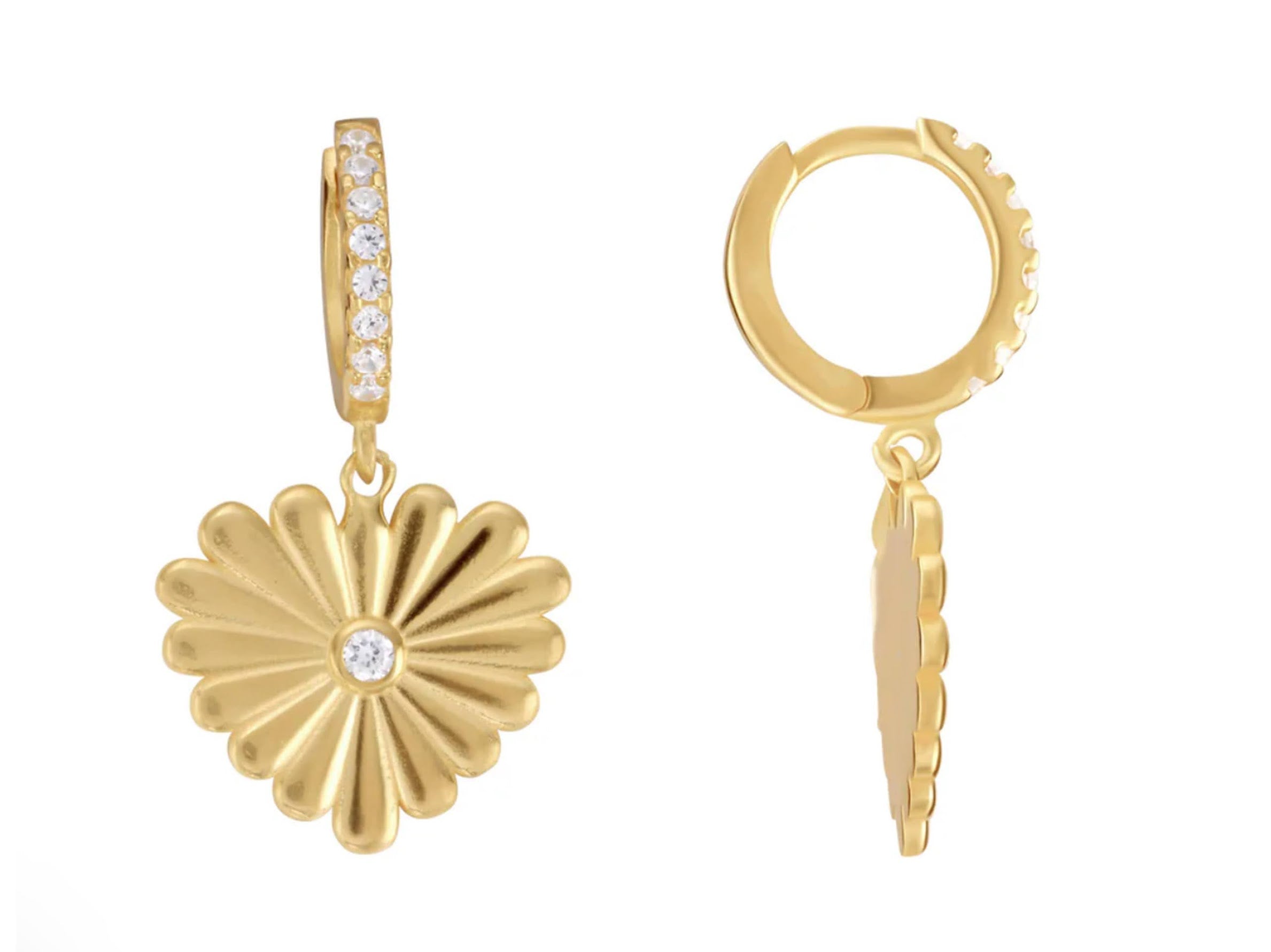 Gold Ribbed Heart Huggie Hoops with CZs