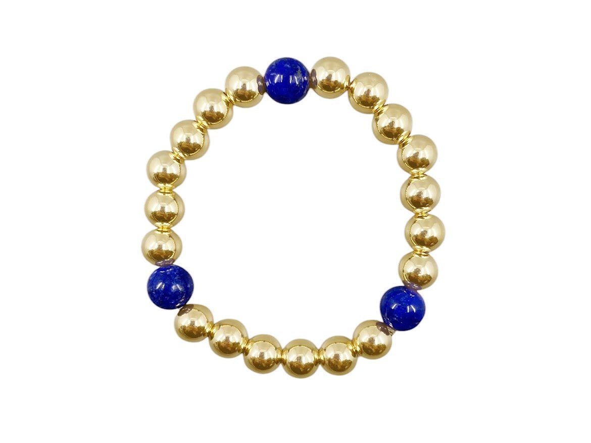8mm Gold Bead Bracelet with 3 Lapis Beads