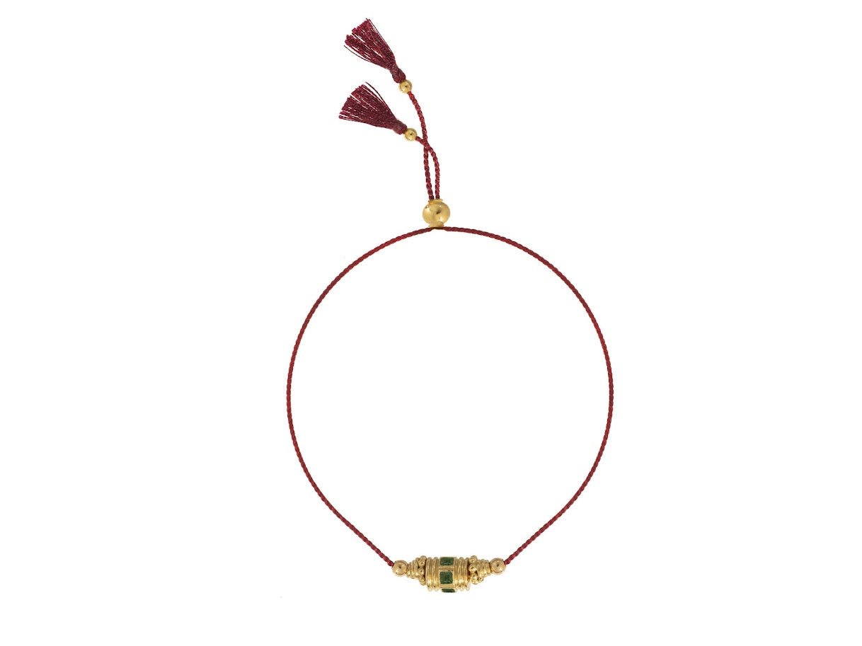 Woven Red Thread Rakhi Bracelet with Green Onyx Bead.