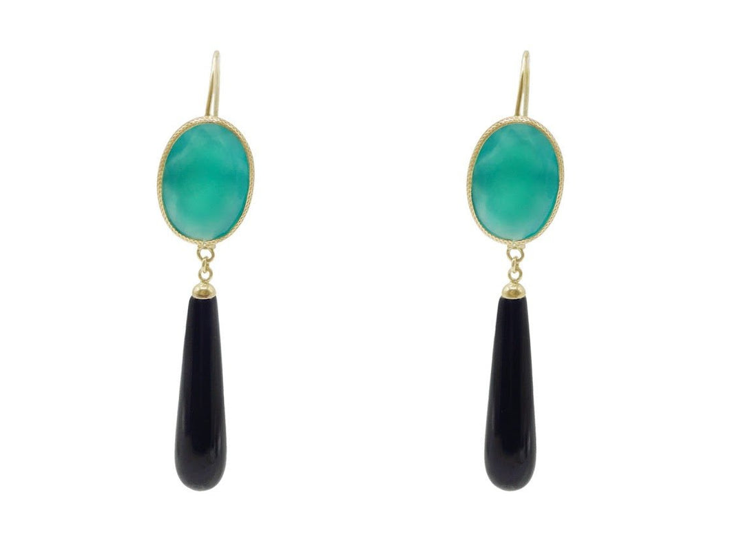 14k Vintage Onyx and Green Agate Dangle Earrings