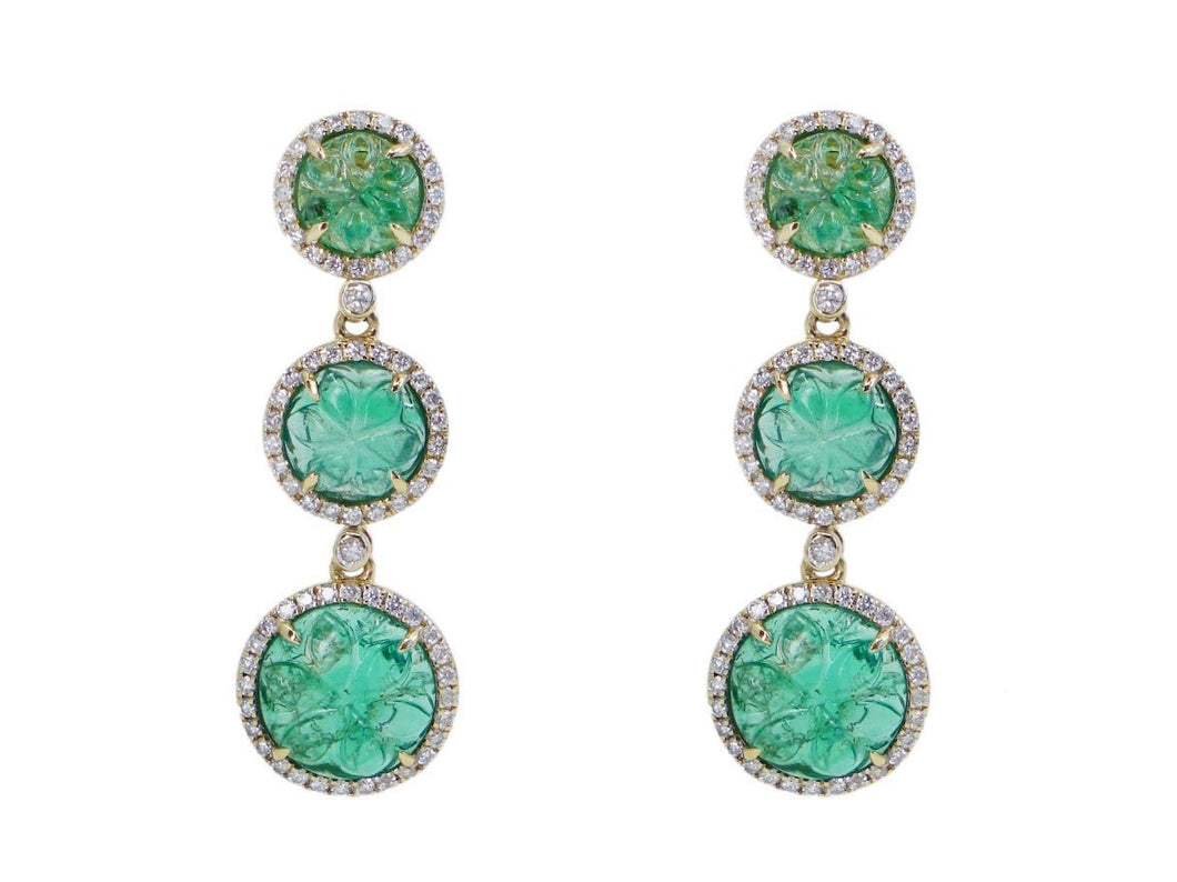 18k Carved Emerald Drop Earrings with Diamonds