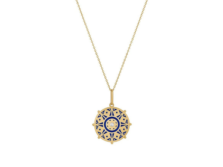 Karmic Wheel Blue Enamel Necklace