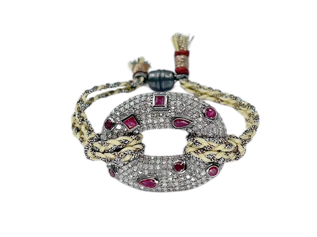 Woven Bracelet with Rose-Cut Diamonds and Large Rubies