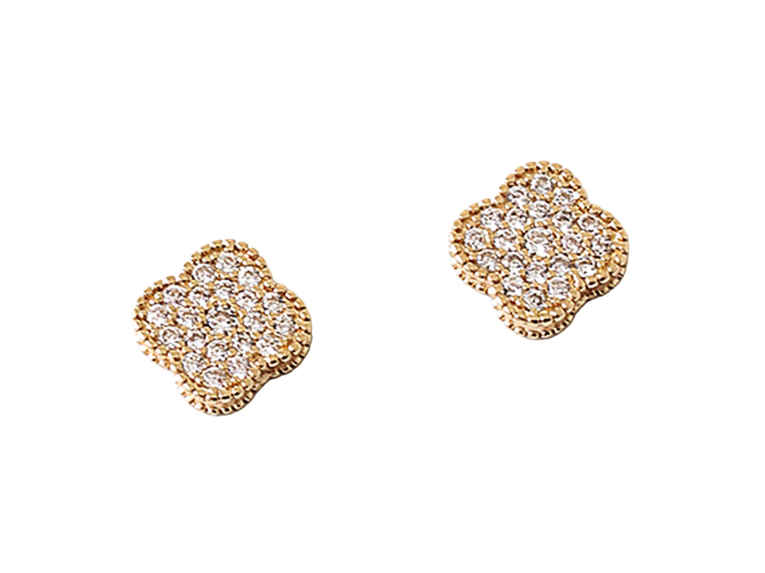 Gold Clover Stud Earrings with Pave CZs