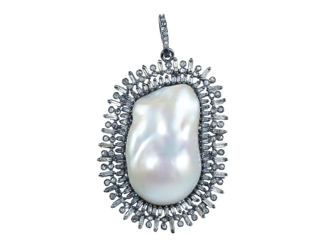 SS White Baroque Pearl Charm with Baguette and Round Diamonds