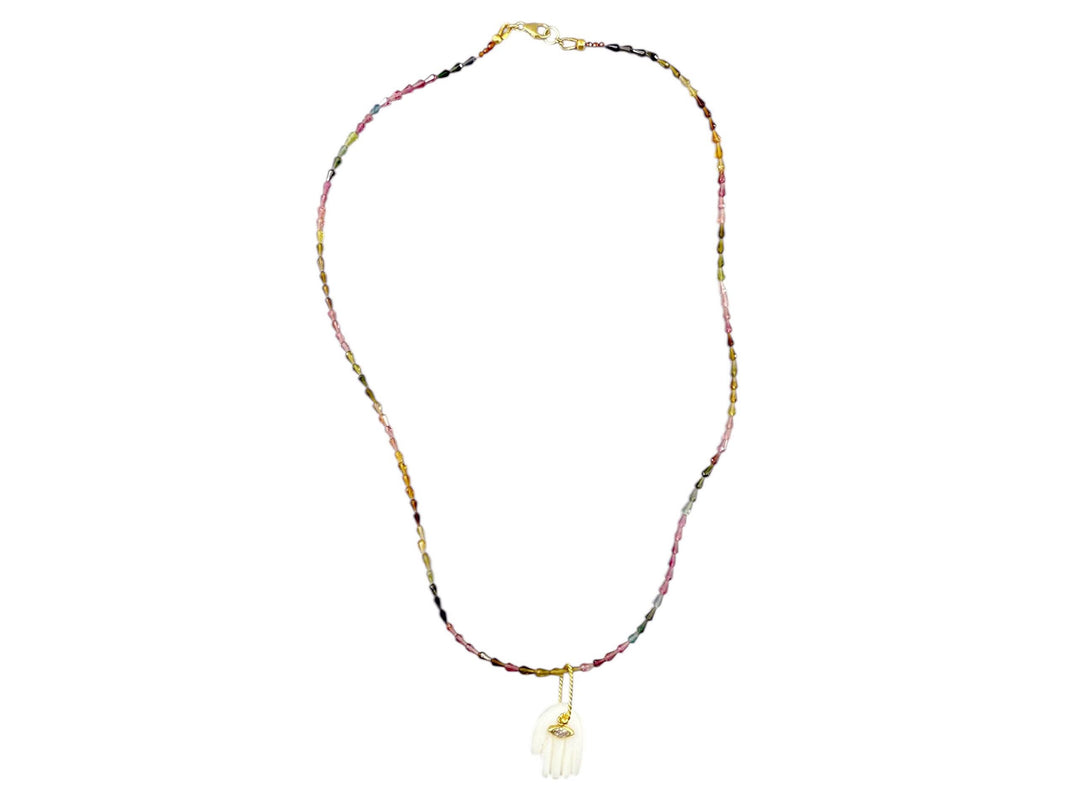 Tourmaline Necklace with Moonstone Hamsa Charm