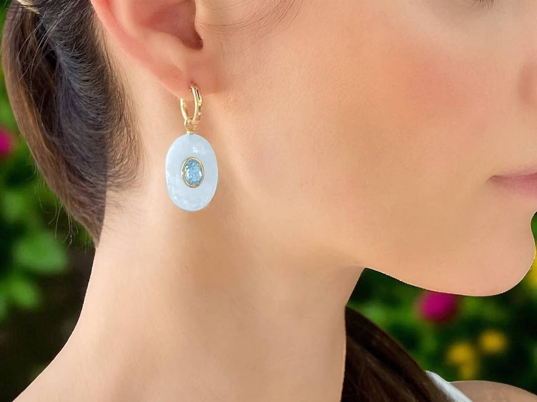 Aquamarine and Blue Topaz Oval Huggie Hoops