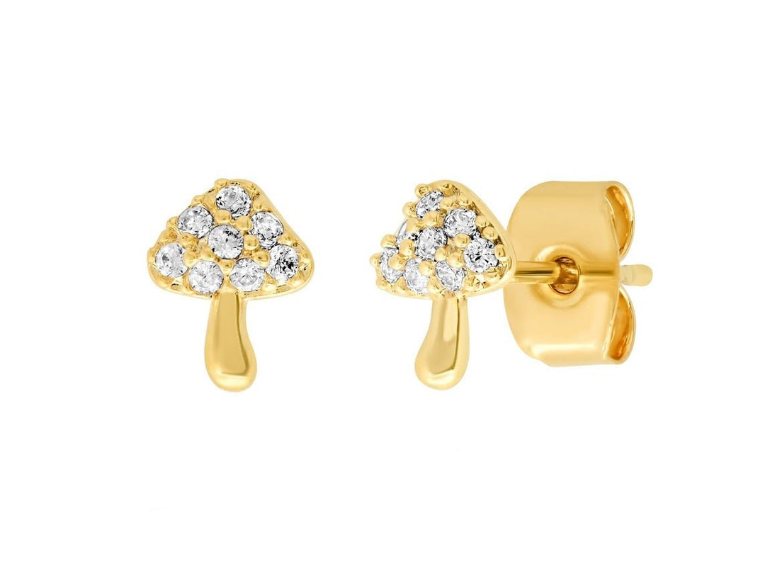 Gold Mushroom Stud Earrings with CZs