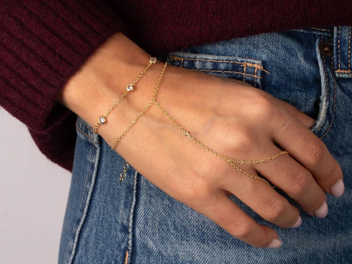 Gold Mini Bezel Cz Hand Chain Bracelet