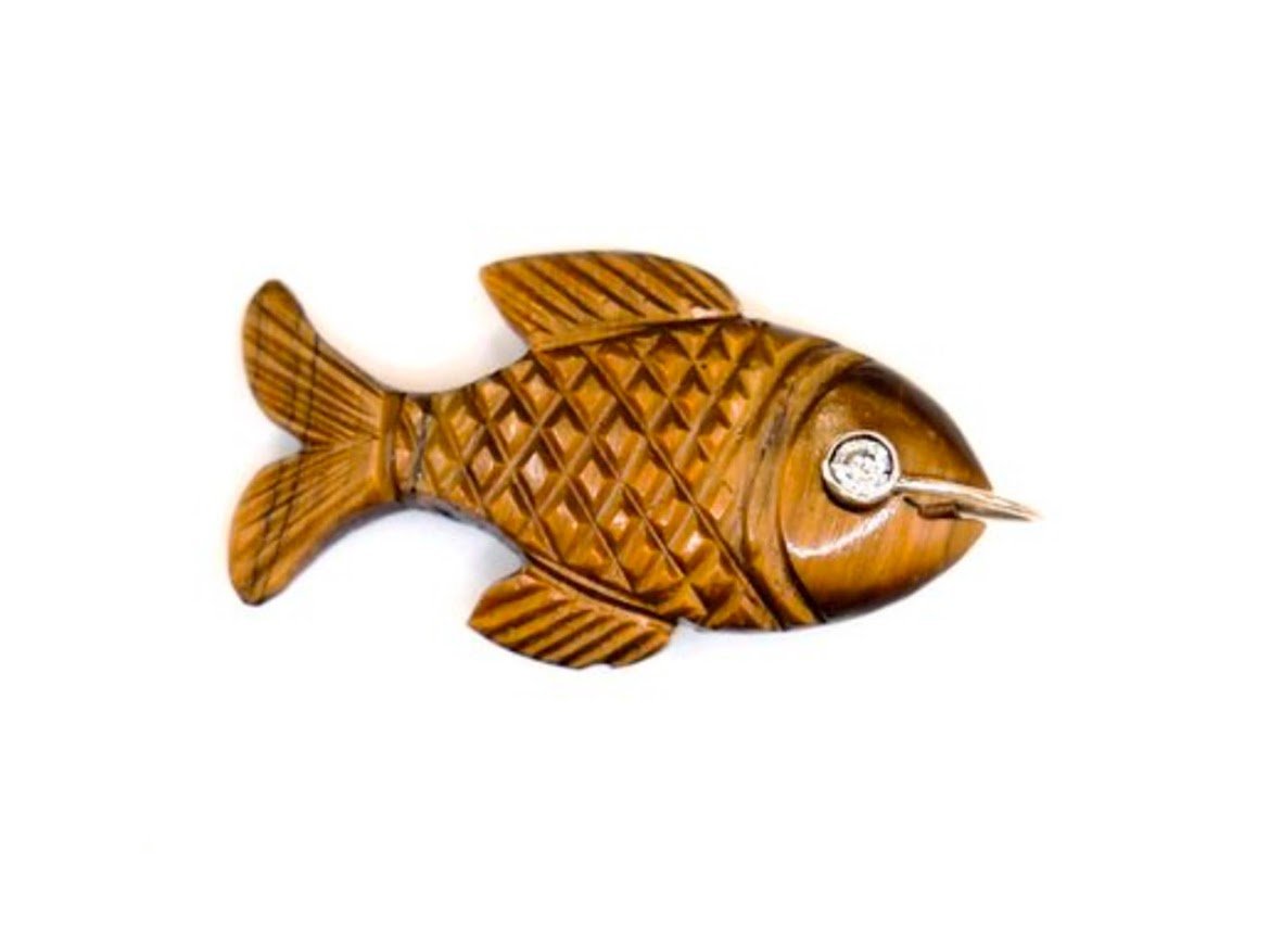 14k Handcrafted Tiger Eye Fish Charm with Moissanite Eye