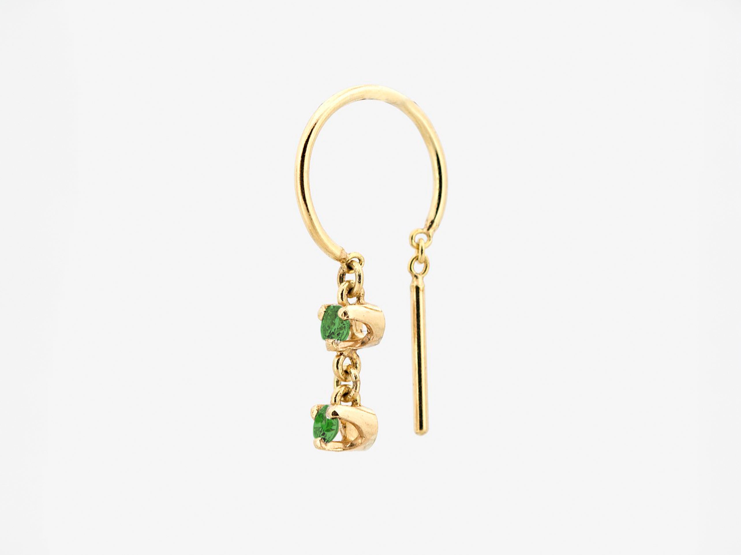 14k Small Threader-Style Dangling Hoop Earrings with 2 Emeralds