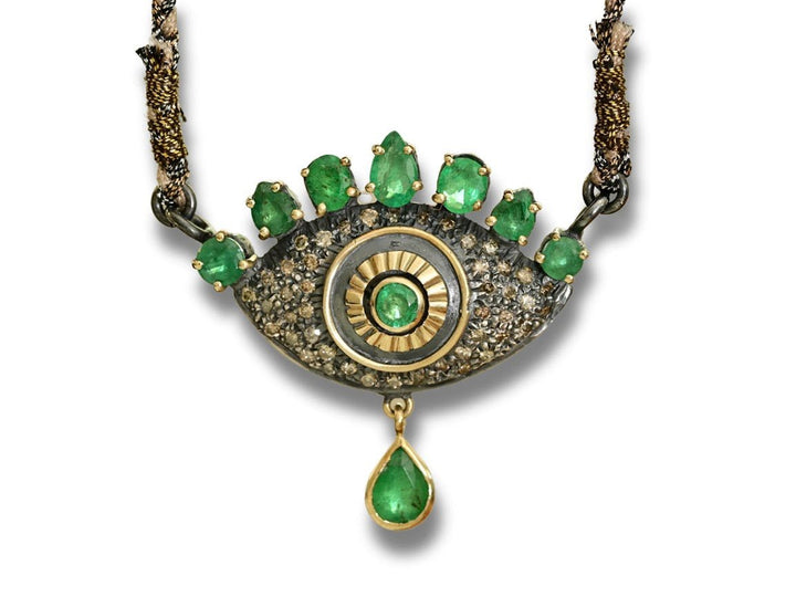10k/SS Green Emeralds and Diamonds Pendant on Woven Necklace