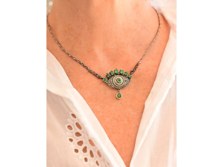 10k/SS Green Emeralds and Diamonds Pendant on Woven Necklace