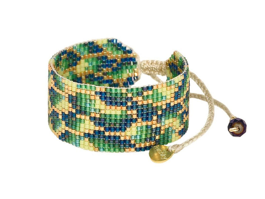 Wide Green, Blue, and Gold Beaded Bracelet