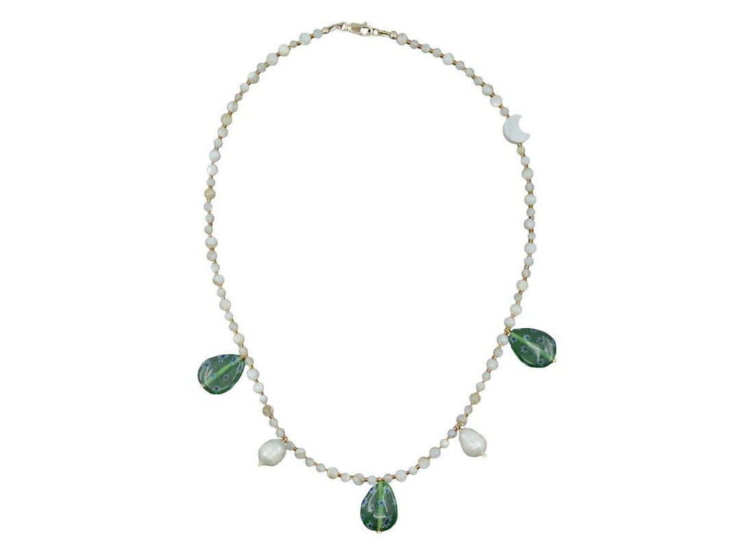 MOP and Sea Pearl Necklace with Green Glass and Pearl Drops