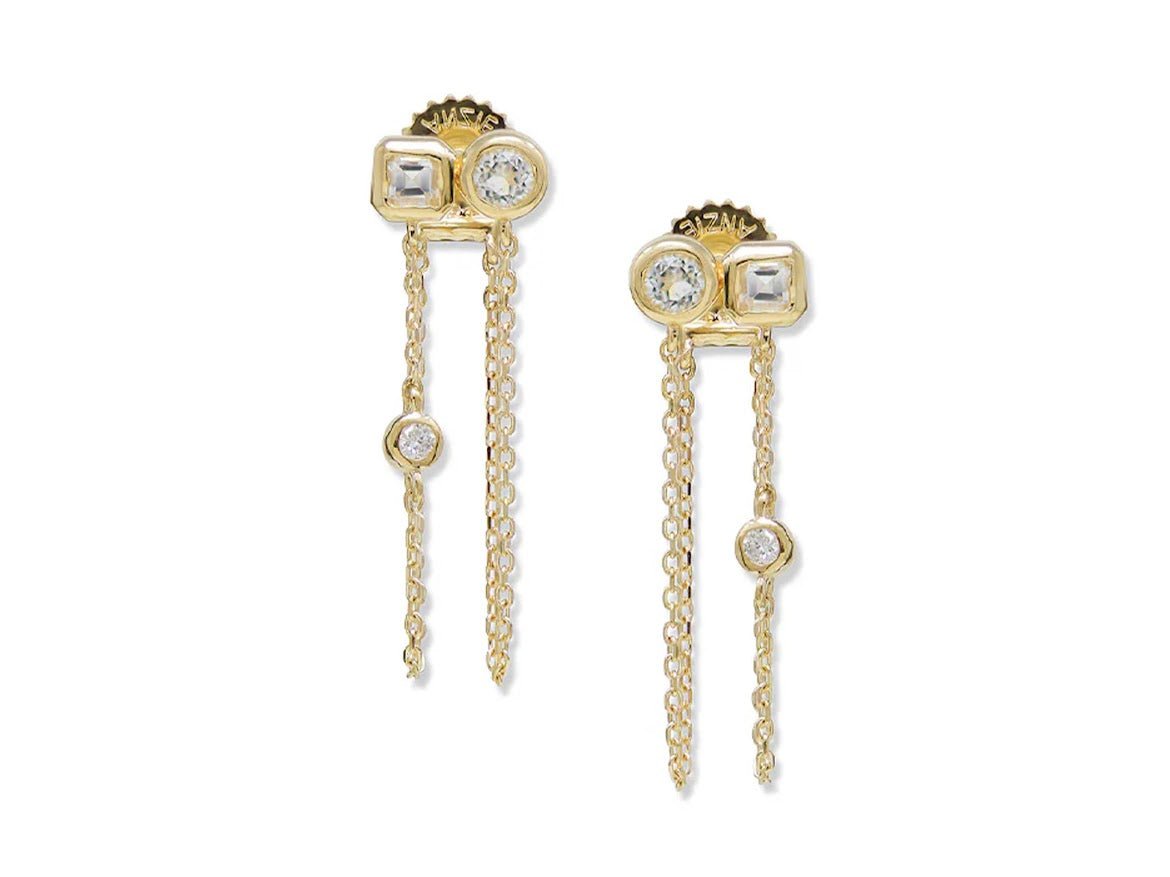 14k Double Chain Earrings with White Topaz and Diamonds