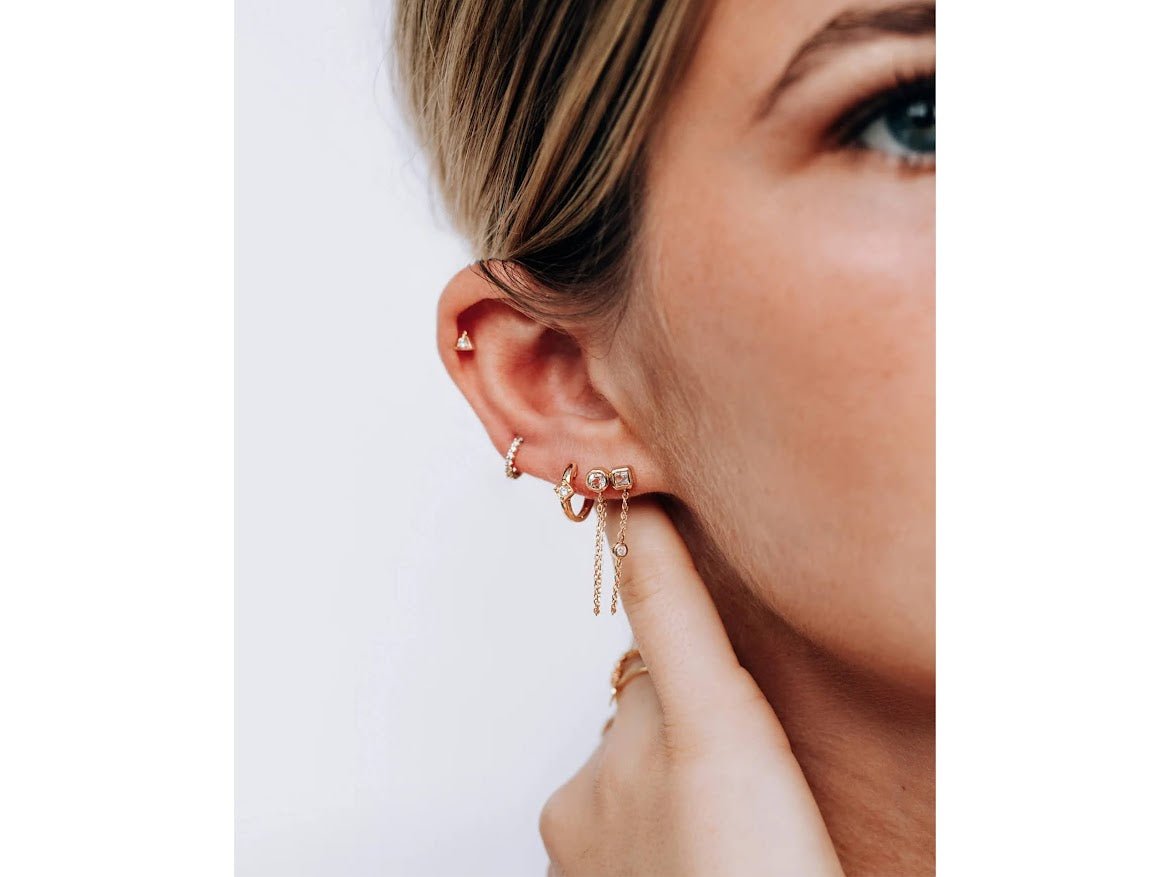 14k Double Chain Earrings with White Topaz and Diamonds