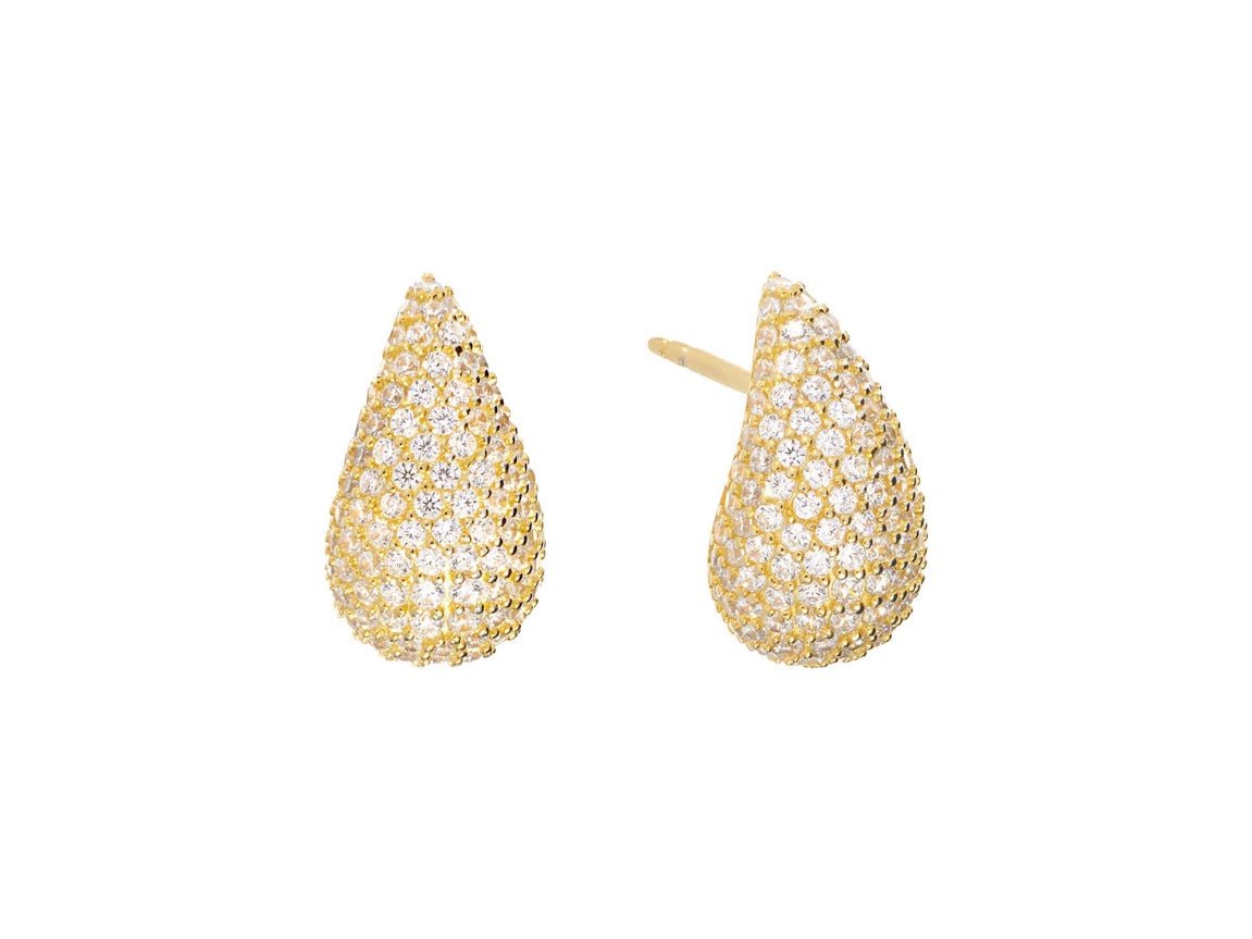 Gold Puffy Teardrop Stud Earrings with Pave CZs