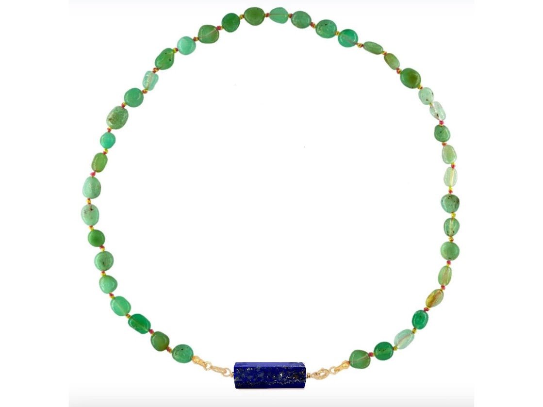 Chrysoprase Beaded Necklace with Lapis Column