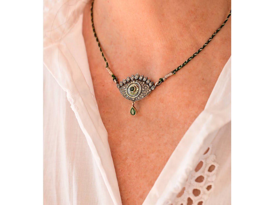 SS/10k Gold, Emerald, and Diamond Eye Pendant on Woven Cord