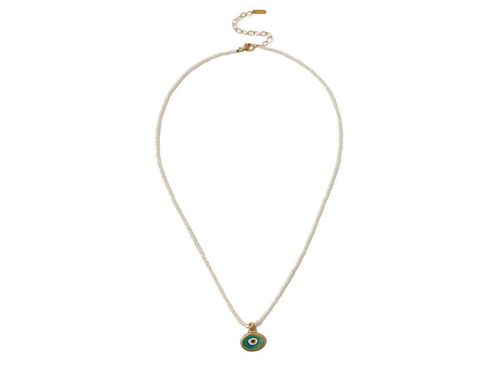 White Pearl Necklace with Green Enamel Evil Eye Pendant