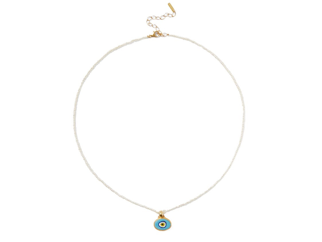 White Pearl Necklace with Turquoise Enamel Evil Eye Pendant