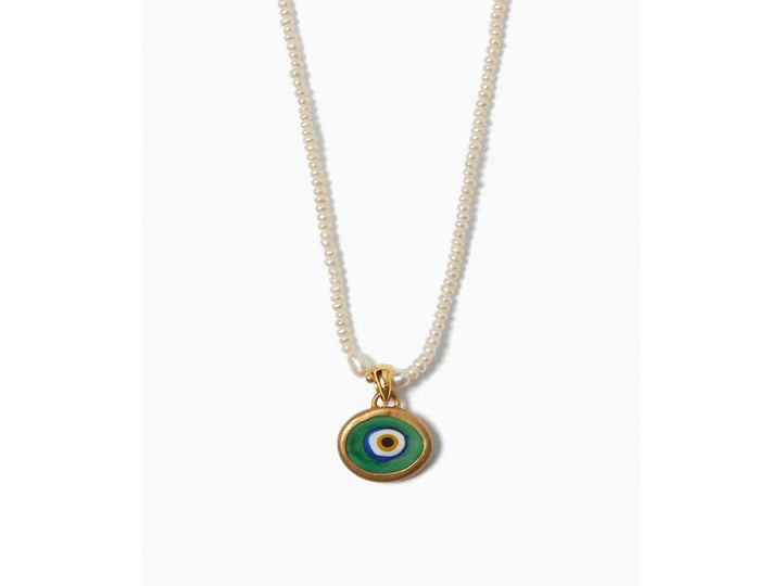 White Pearl Necklace with Green Enamel Evil Eye Pendant