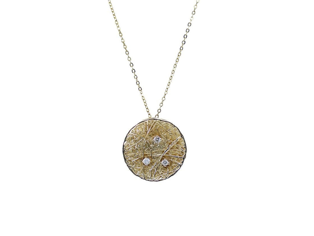 14k Gold 1970s Disc Necklace with Three Diamonds