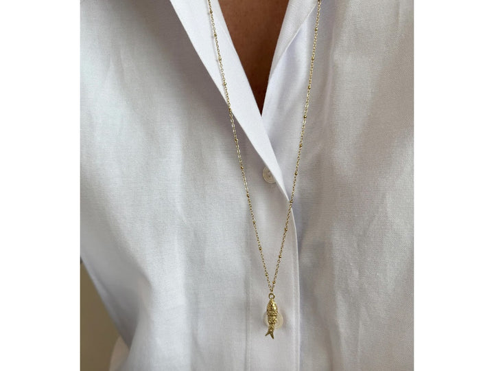 Long Gold Fish Charm Necklace