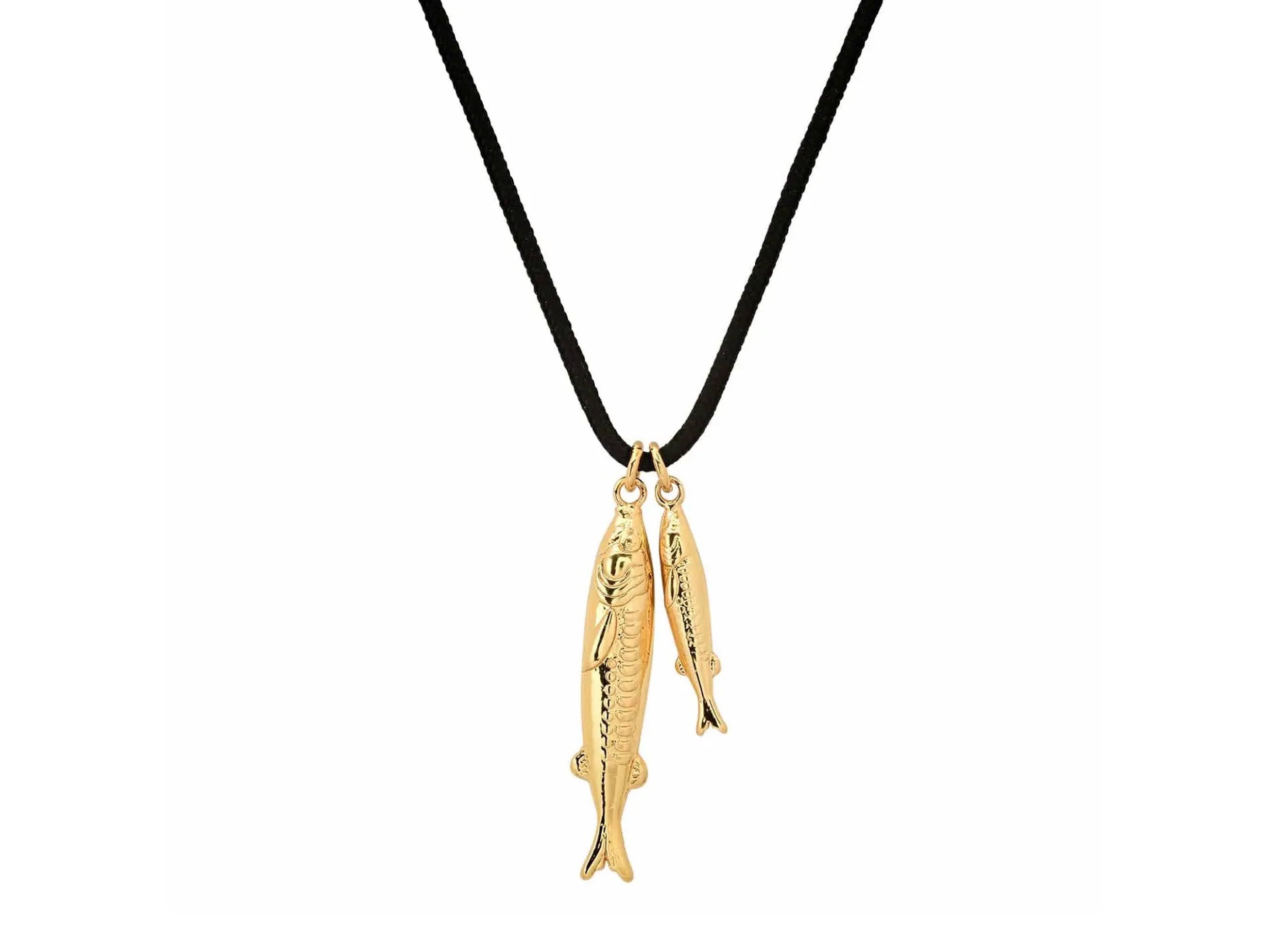 Double Fish Charm Necklace on Black Cord