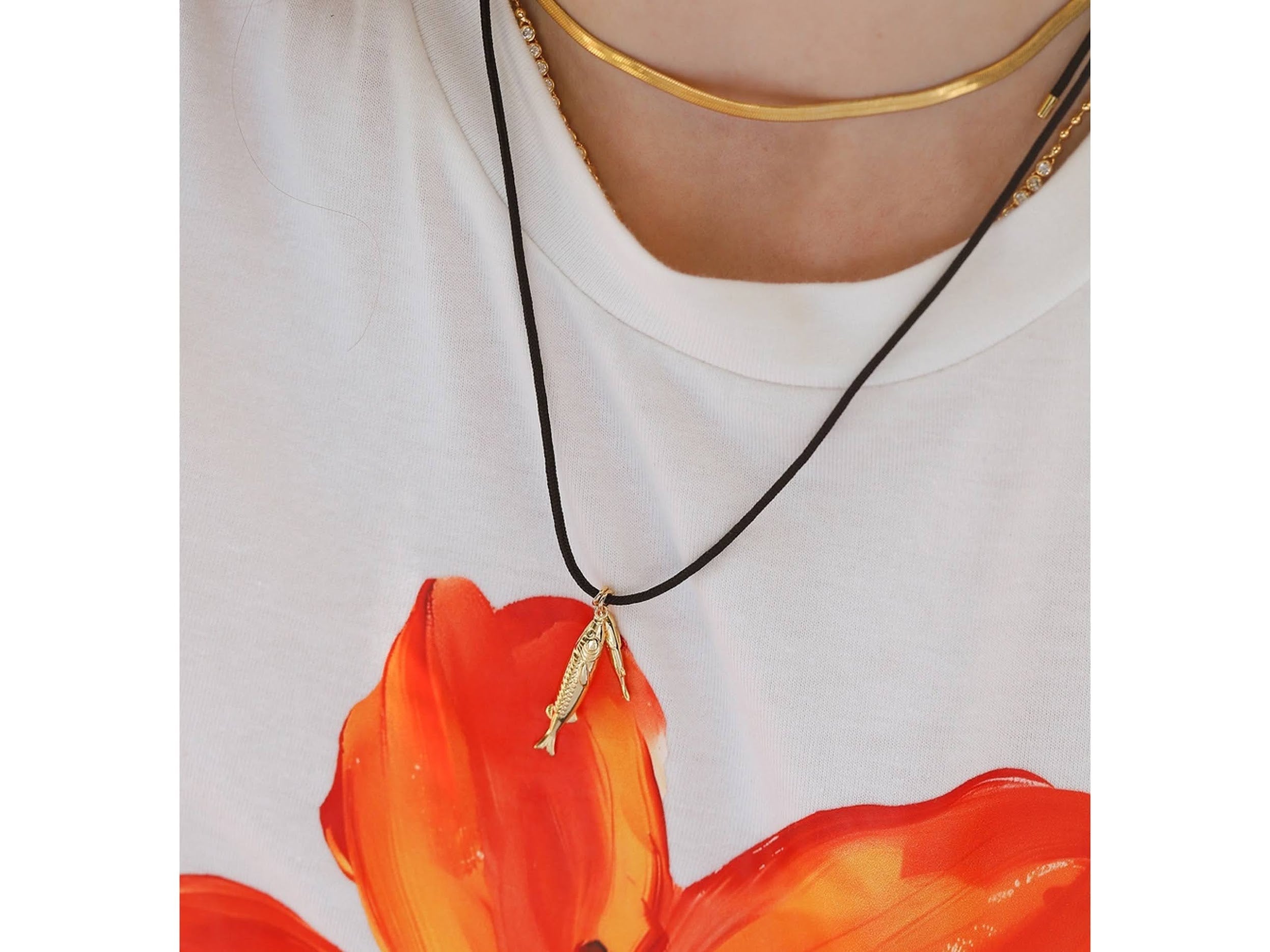 Double Fish Charm Necklace on Black Cord