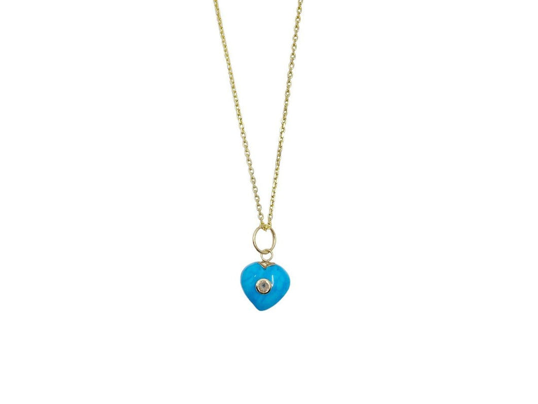 14k Turquoise Heart Charm Necklace with White Topaz
