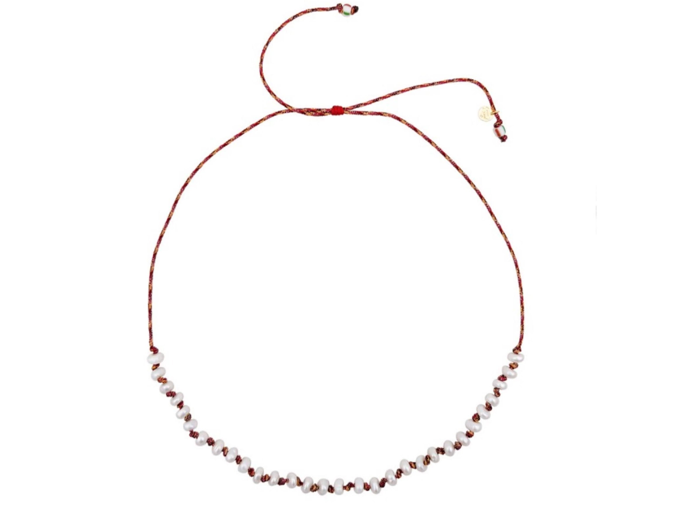 Natural Freshwater Pearl and Red/Gold Cord Necklace