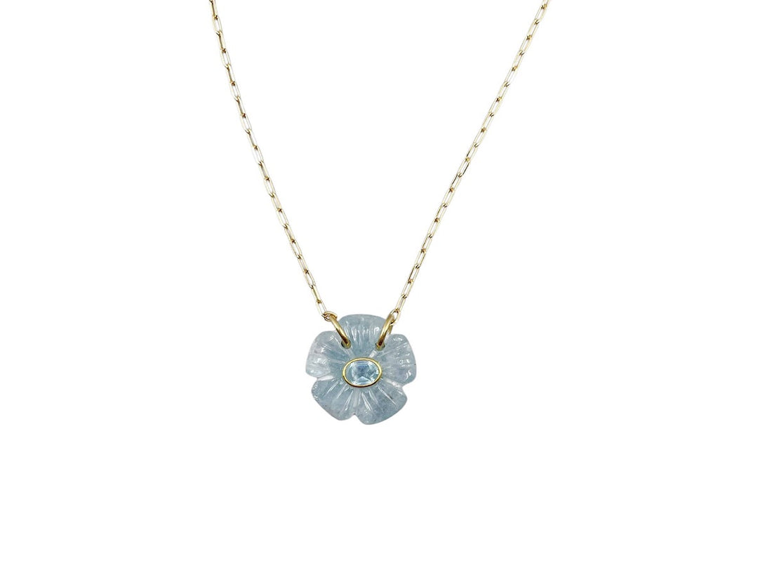 Carved Aquamarine Joy Flower Necklace with Blue Topaz