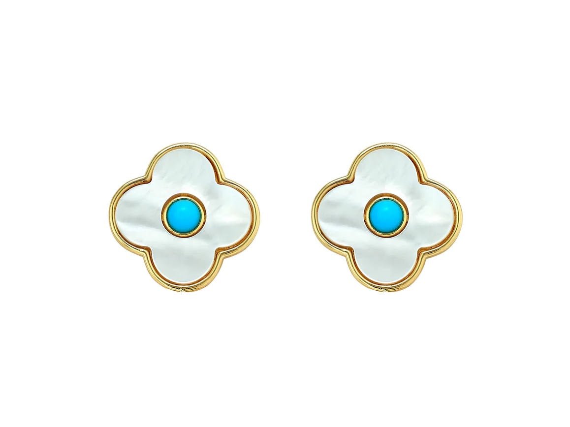 MOP Clover Stud Earrings with Turquoise