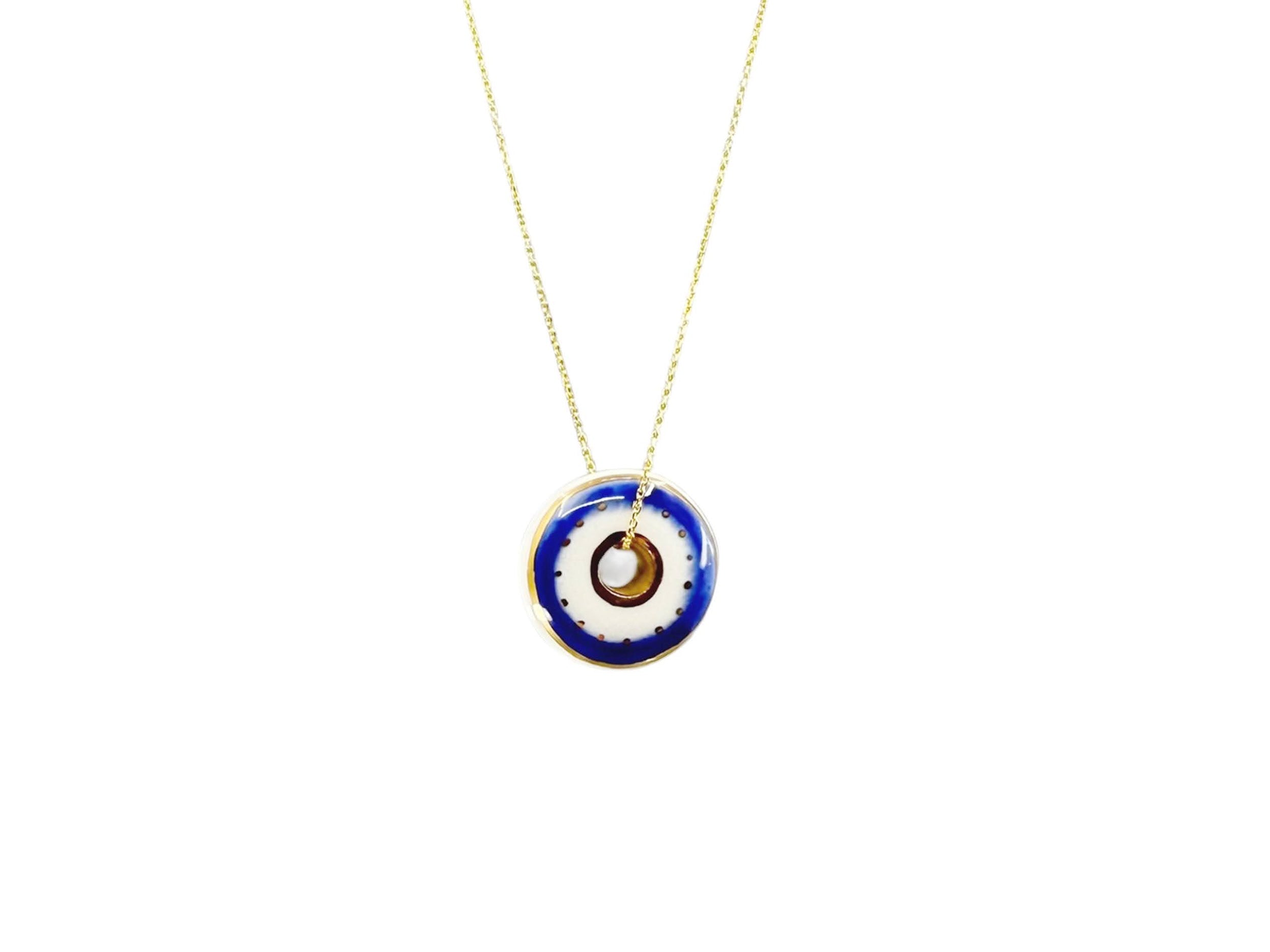 Handpainted Italian Porcelian White and Navy Evil Eye Disc Charm