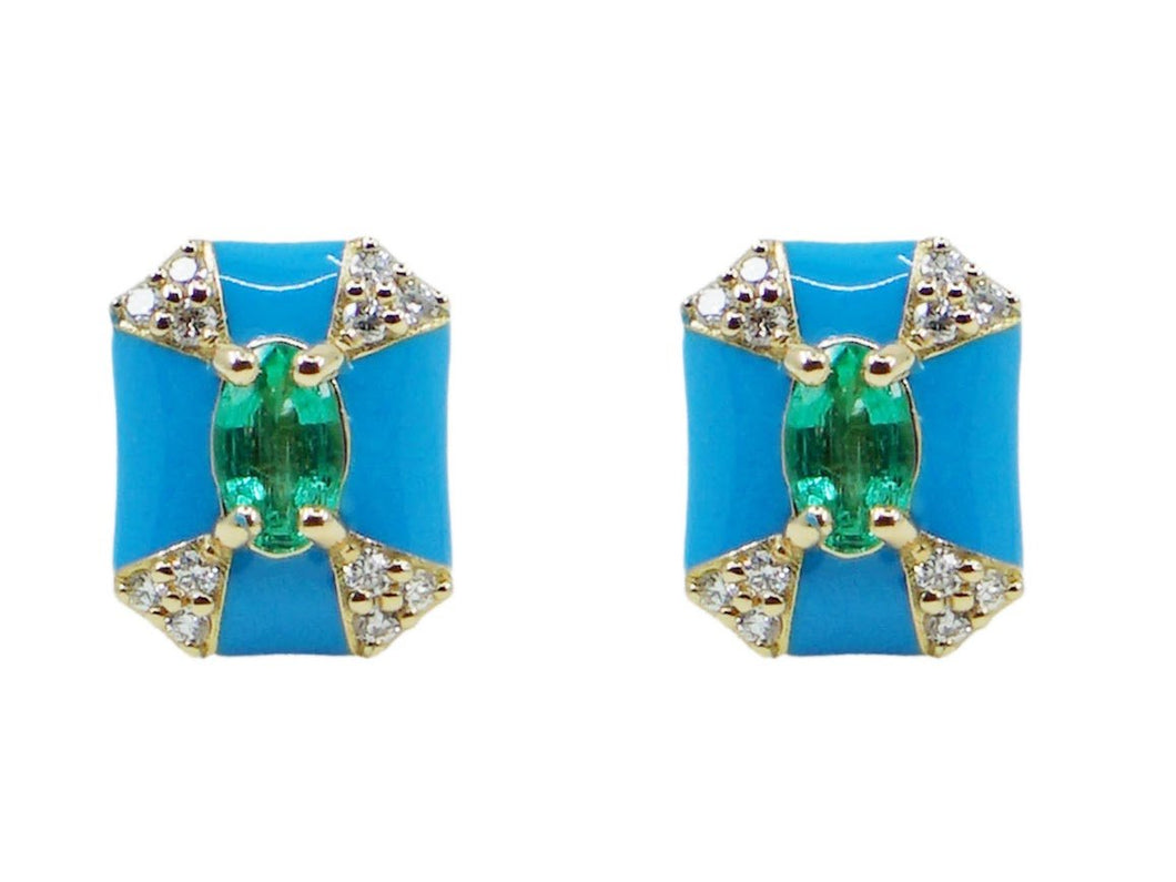 18k Emerald and Diamond Earrings with Turquoise Enamel