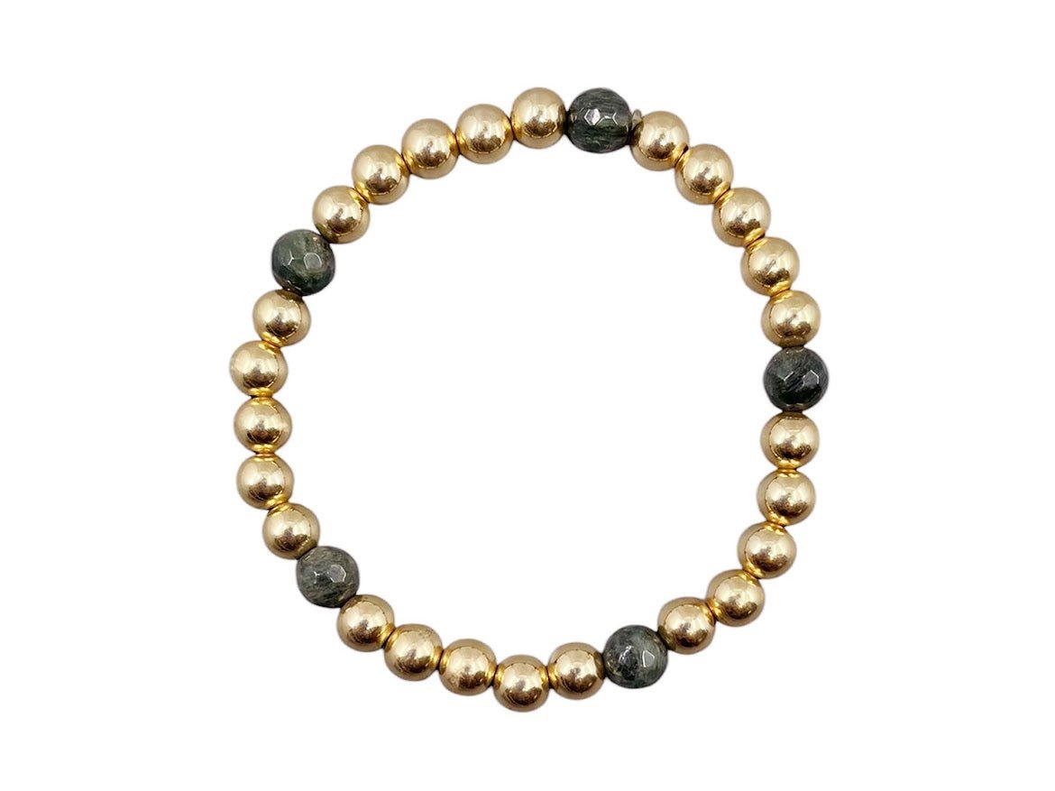 6mm Gold Bead Bracelet with 5 Dark Green Jasper Beads