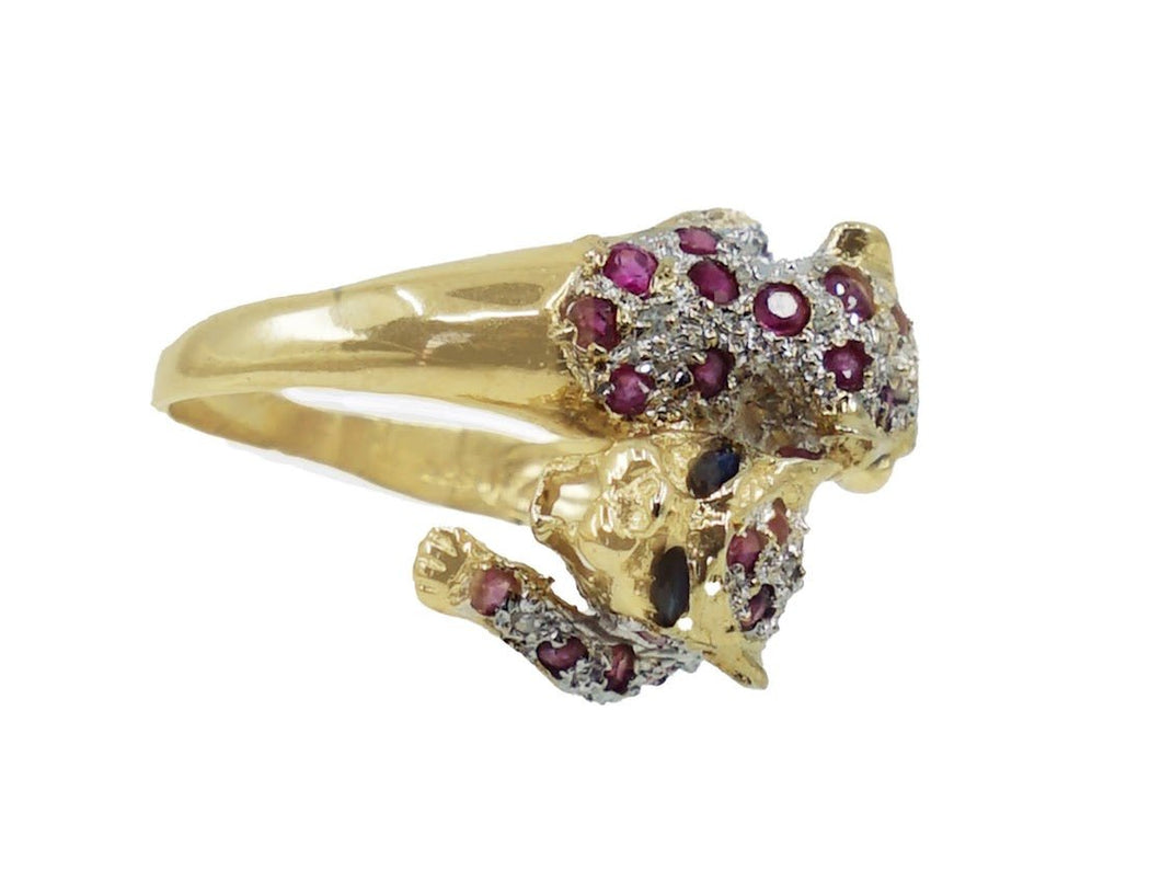 14 Yellow Gold Panther Ring with Rubies, Diamonds, and Sapphires