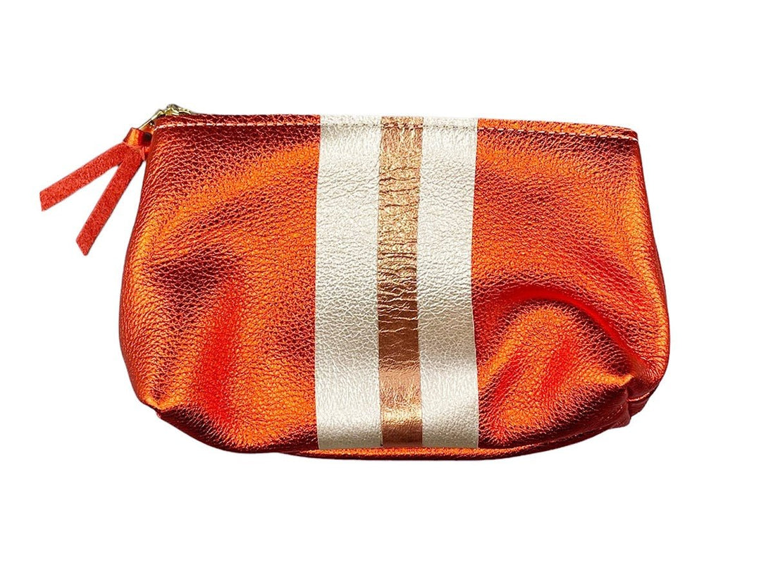 Small Mango Metallic Leather Makeup Pouch with Platinum and Copper Stripes