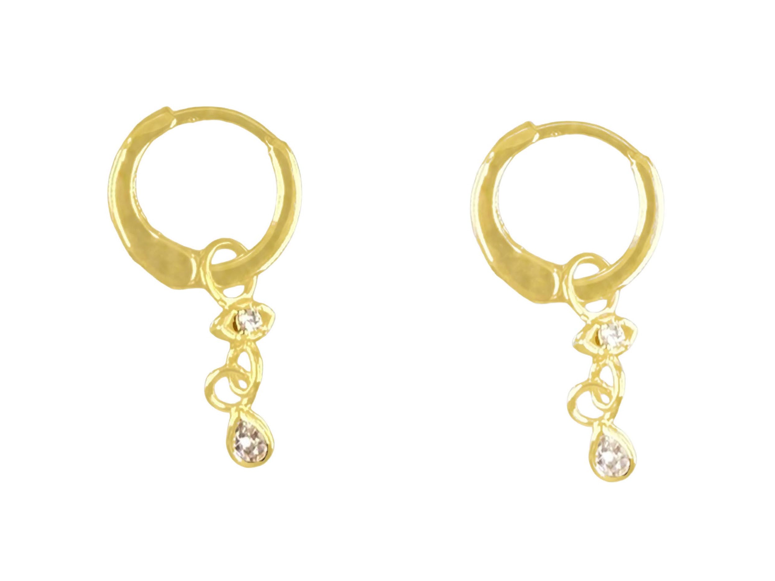 Gold Huggie Hoops with Chain Drops and CZs