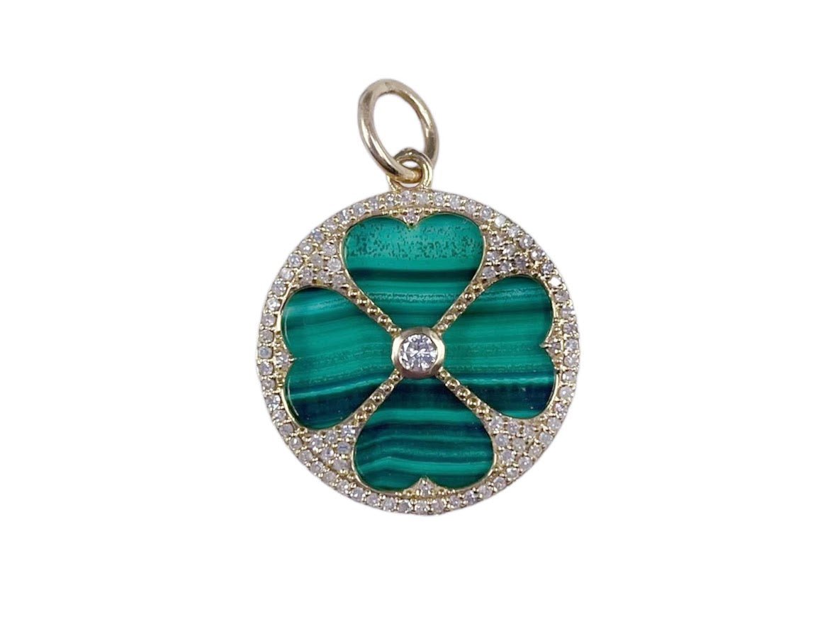 14k Large Malachite and Diamond Clover Charm
