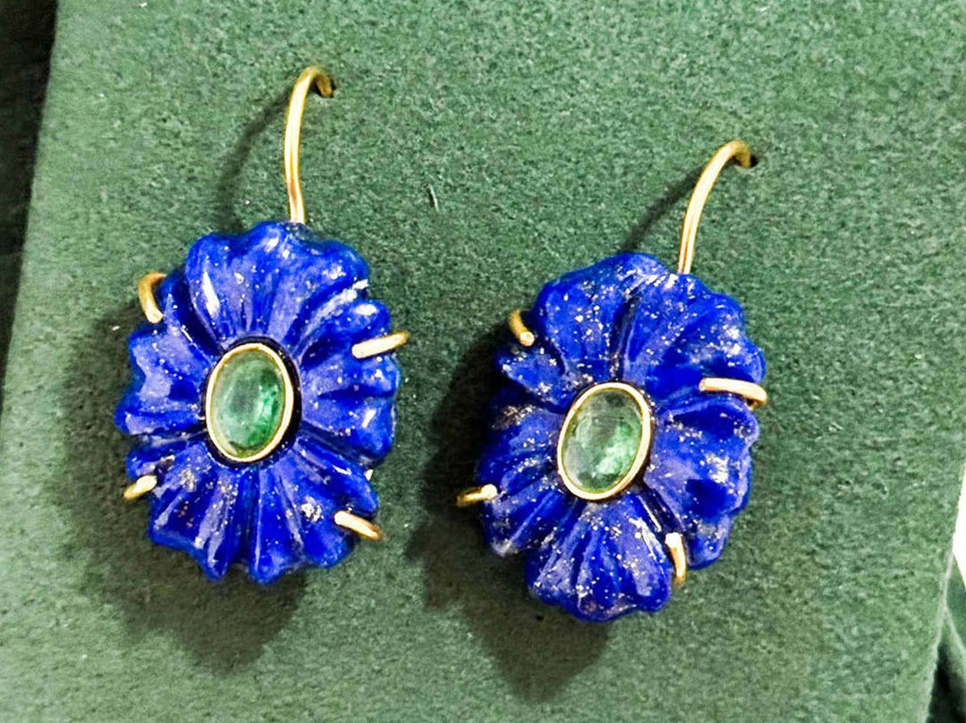 Lapis and Emerald Floral Drop Earrings