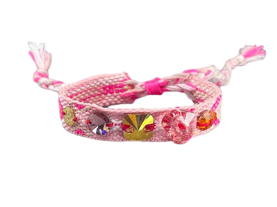 Handwoven Bracelet with Pink, Hot Pink, and White Crystals