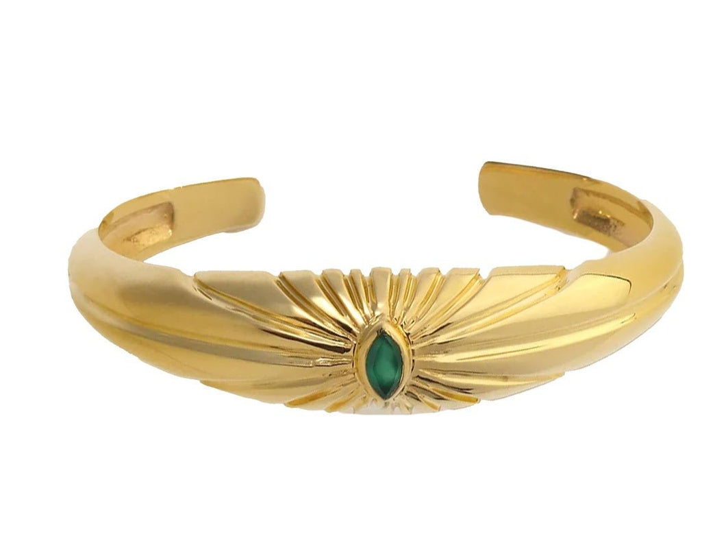Gold Rayed Cuff Bracelet with Green Onyx