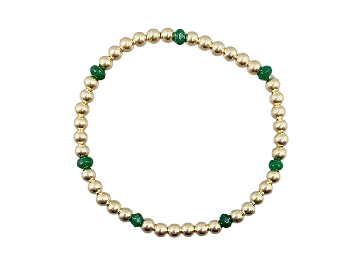 4mm Gold Bead Bracelet with 7 Faceted Emerald Stones