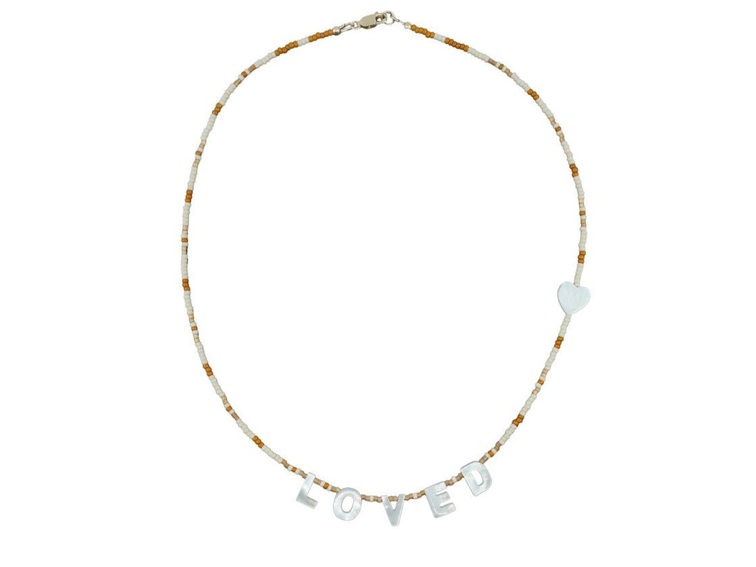 Cream and Brown LOVED Seed Bead Necklace with Charms